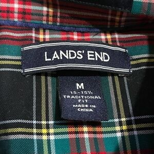 Land's End Button Down No-Iron Twill- Tartan Plaid Cotton Men’s shirt - medium